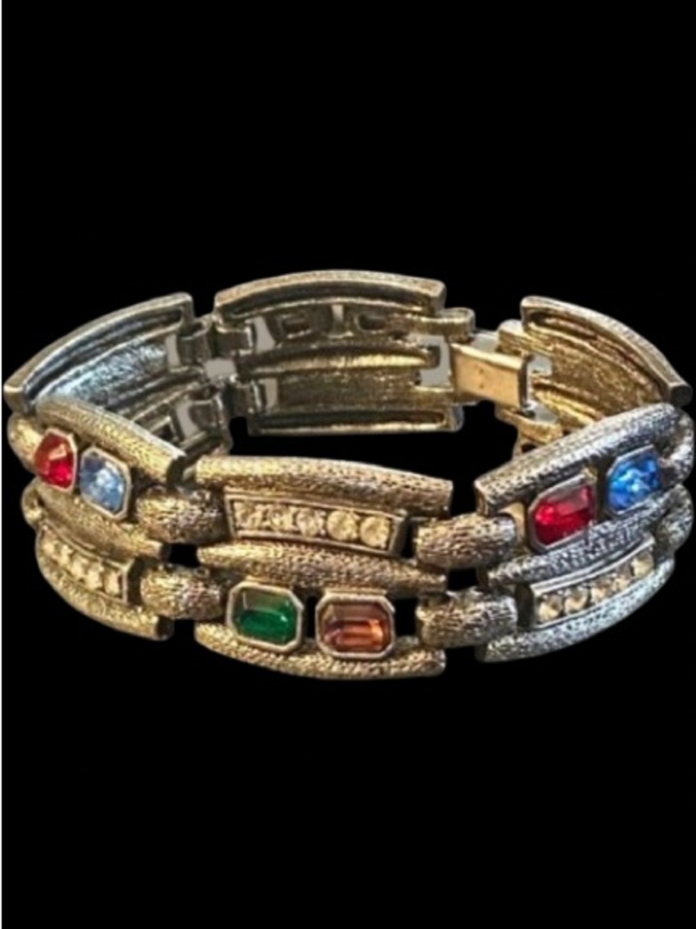 Vintage MCM Link Bracelet Multicolored Rhinestones Textured Silver Tone Metal
